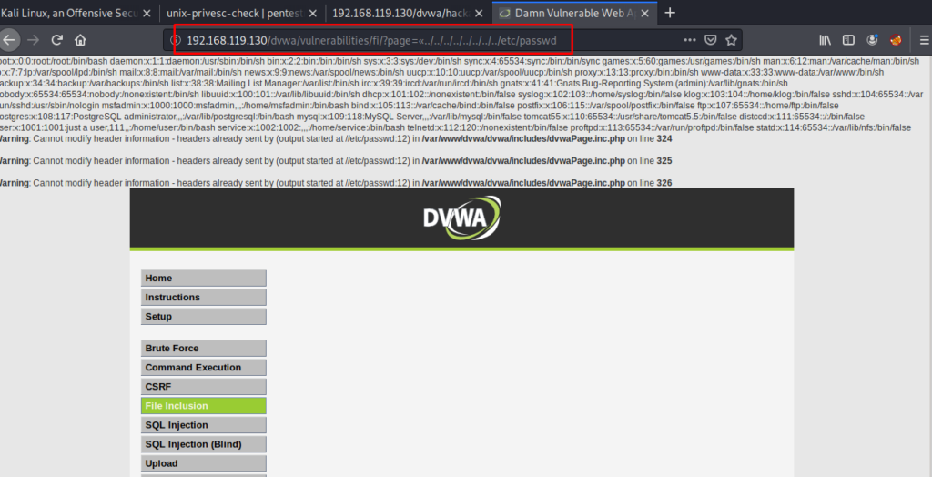вывод паролей на странице dvwa local file inclution 