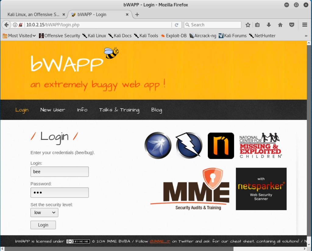 В браузере прописываем ip-адрес нашей уязвимой машины и открываем веб-приложение bWAPP