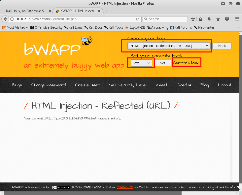 в интерфейсе выбираем уязвимость «HTML Injection — Reflected (Current URL)» и ставим настройки безопасности «low»