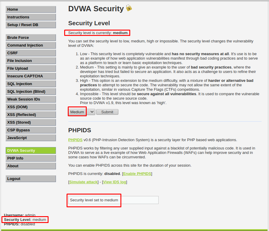 настройки безопасности dvwa - medium