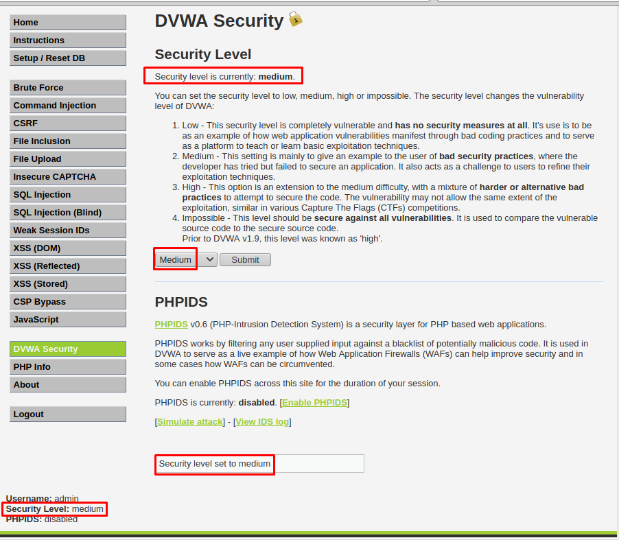 настройки безопасности dvwa - medium