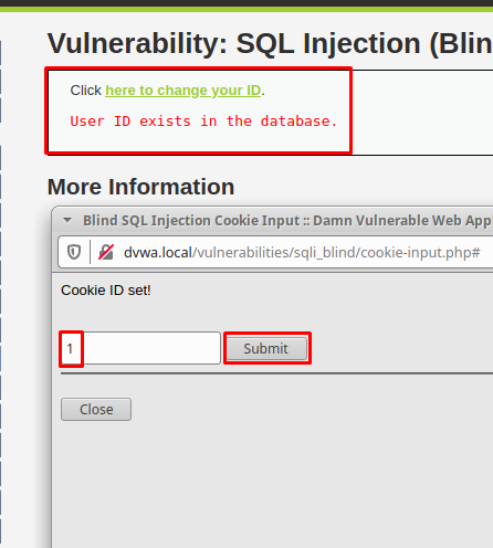 Переходим на вкладку «SQL-Injection (Blind)», и видим текст, который говорит нам о том, чтобы мы кликнули на него, и во всплывающем окне ввели ID