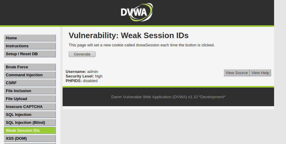 вкладка Weak Session IDs