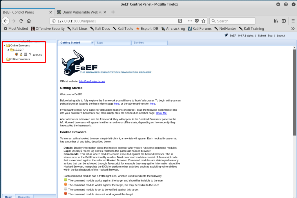 И если мы перейдем на вкладку BeEF, то увидим что у нас есть браузер в папке «Online Browsers»