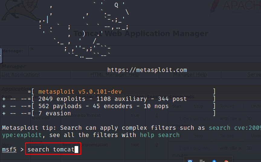 После запуска инструмента, нам нужно найти подходящий эксплойт. Делается это с помощью команды: «search tomcat»