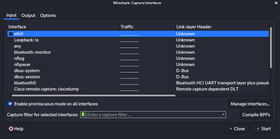 Когда Вы открываете список Capture Interfaces, то Вы увидите список интерфейсов, которые поддерживает Wireshark