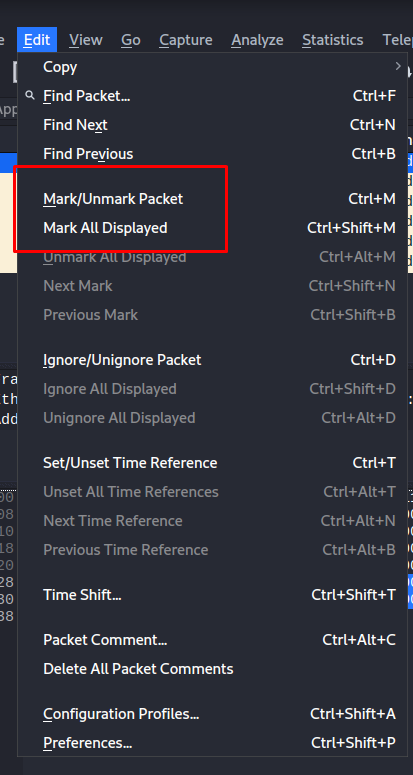 В меню «Edit», мы часто будем использовать опции «mark» и «unmark packet», которые нужны для отображения отмеченных пакетов на черном фоне. 