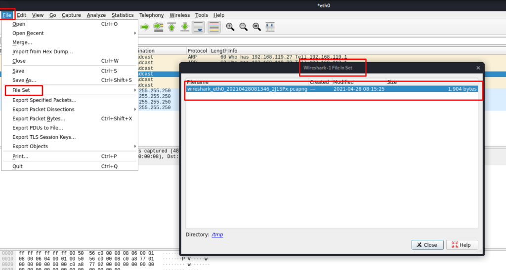 Файлы, которые захватывает Wireshark, сохраняются на диске, и доступны через меню «File», «File Set», «List Files»