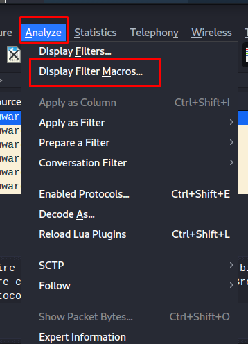 В меню «Analyze» нам из панели недоступна опция «Display Filter Macros»