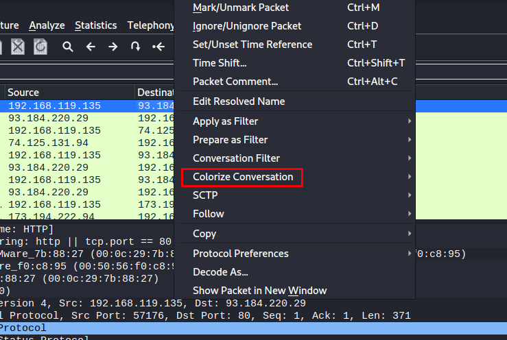 Также Wireshark может подсвечивать соединение. Выберете любой пакет и кликните по нему правой кнопкой мыши, и кликните по вкладке «Colorize Conversation»