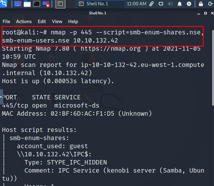 nmap -p 445 --script = smb-enum-share.nse, smb-enum-users.nse 10.10.132.42