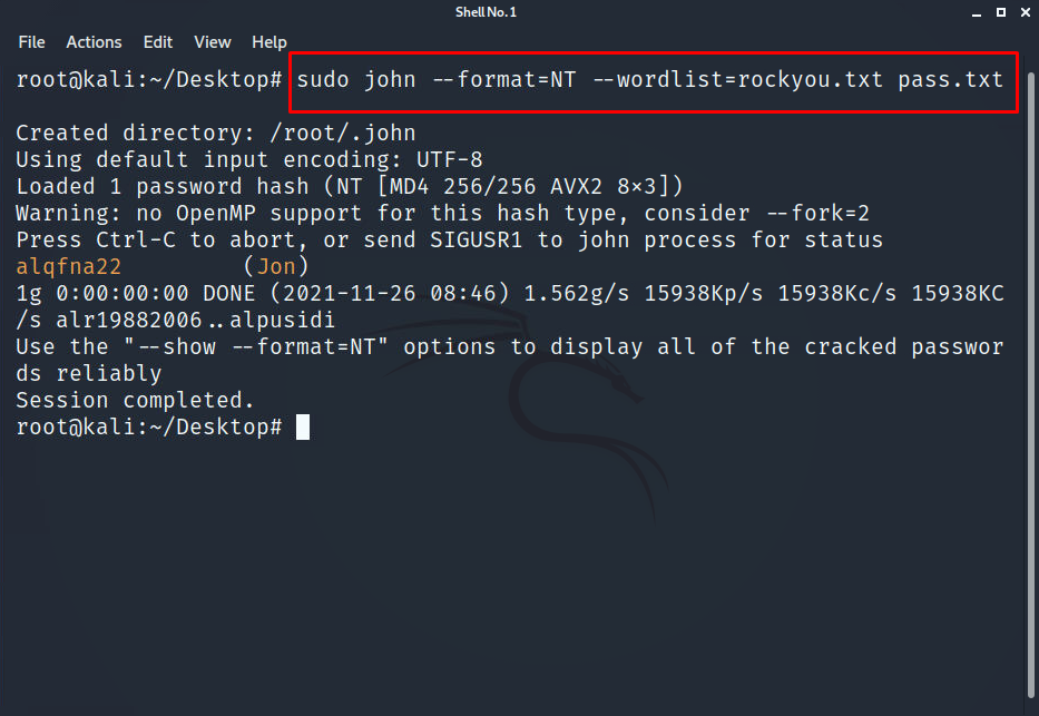 Далее нужно установить JohntheRipper в эту версию Kali Linux.  Это команды: «apt update», и «apt install john». Нам пригодится словарь «rockyou.txt». Команда для взлома пароля: «sudo john –format=NT –wordlist=rockyou.txt pass.txt»