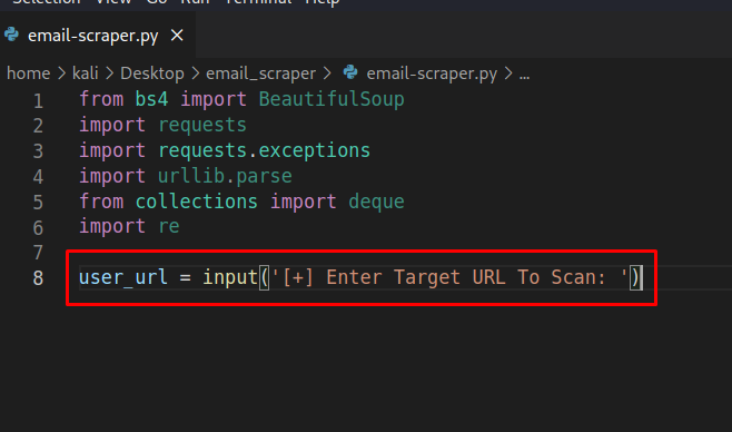user_url = input(‘[+] Enter Target URL To Scan:’)
