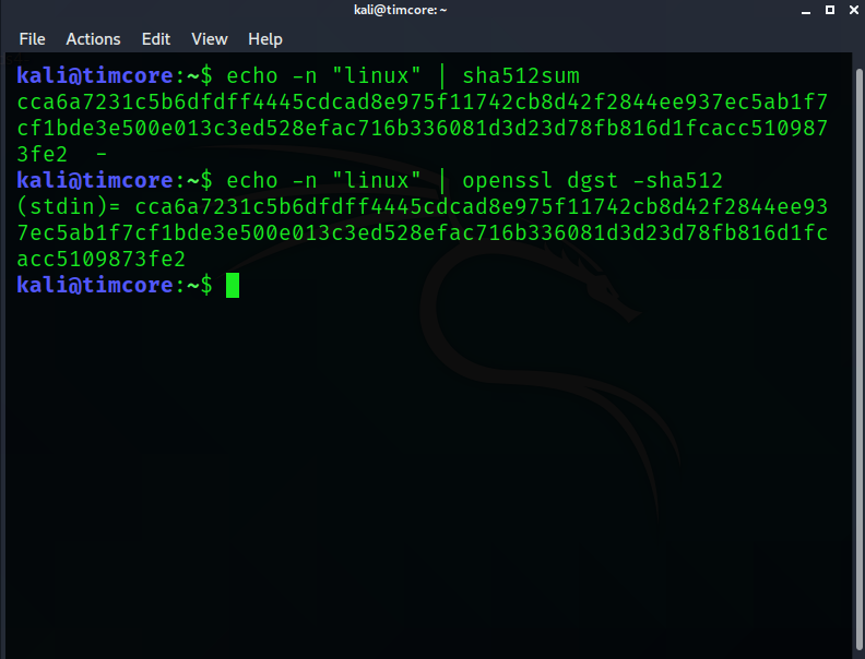 вычисление хеш слова «linux» двумя разными способами, используя команду sha512sum, и используя команду openssl