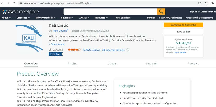 Pre-configured Kali Linux in the AWS Marketplace