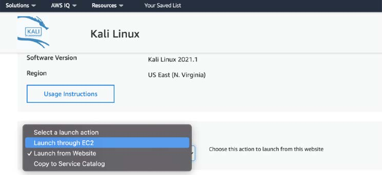 Selecting a method to launch Kali Linux through EC2