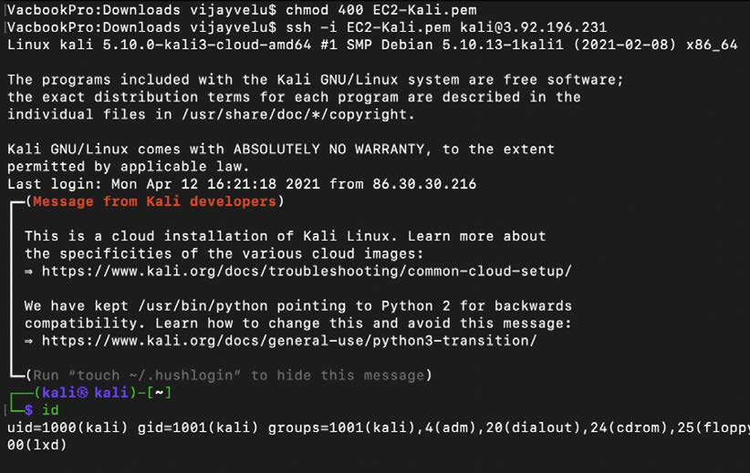 Successful connection to a Kali Linux instance in AWS