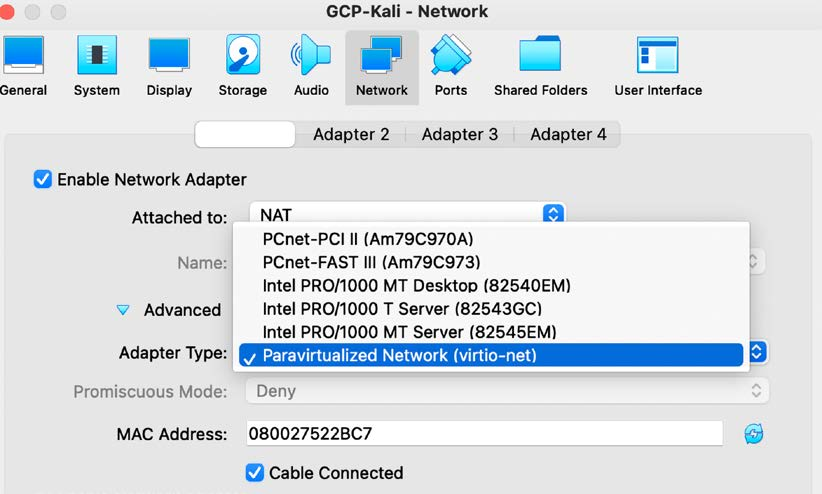 Selecting the Paravirtualized Network in VirtualBox