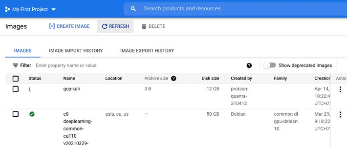 The newly created gcp-kali image displaying in the GCP images