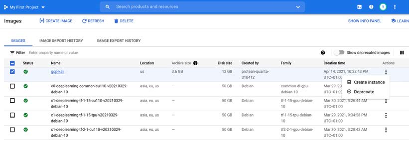 Successful creation of our gcp-kali image that is ready to run as an instance