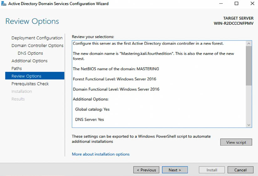 Final stage of installation of Active Directory server on Windows Server 2016