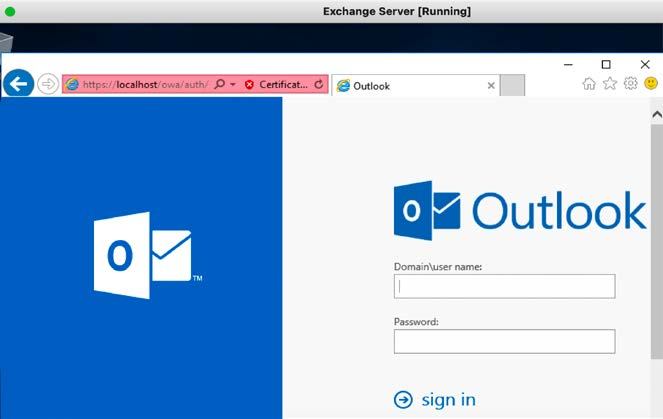 Successful installation of Exchange Server, accessed at https://localhost/ owa/