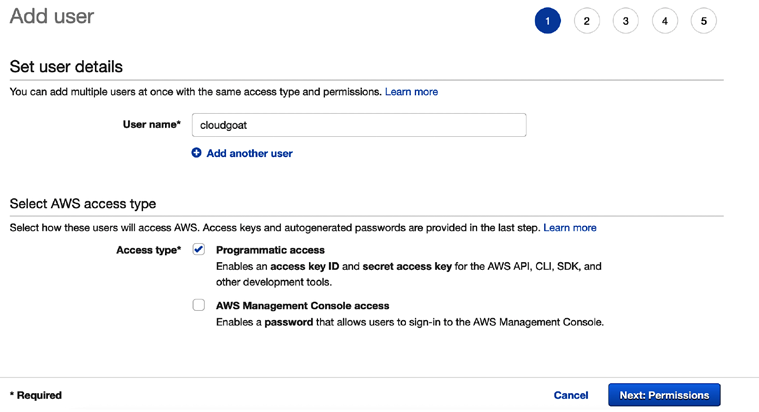 Creating an IAM user account in the AWS console