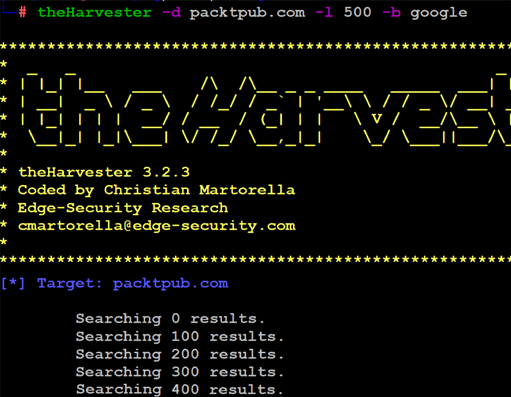 Running theHarvester to gather details on packtpub.com