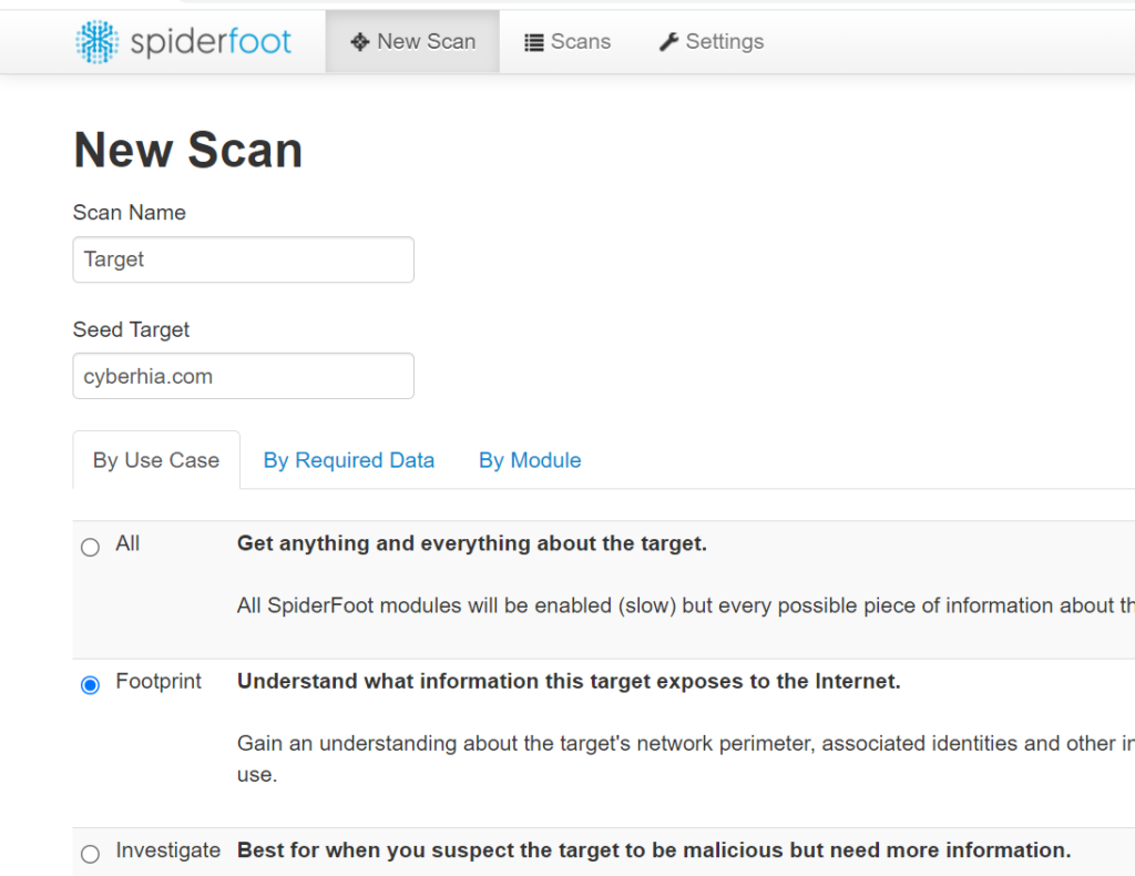 Creating a new scan in SpiderFoot