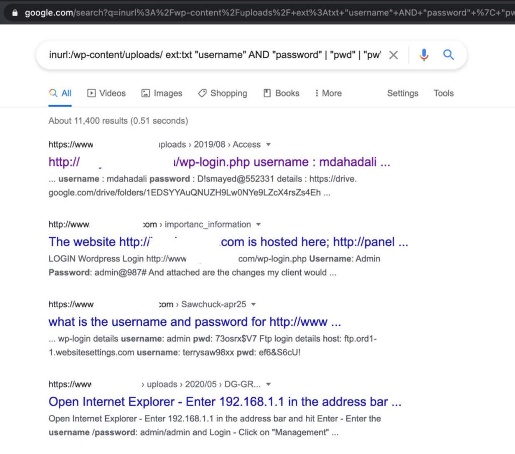Google dork search output for plain text passwords