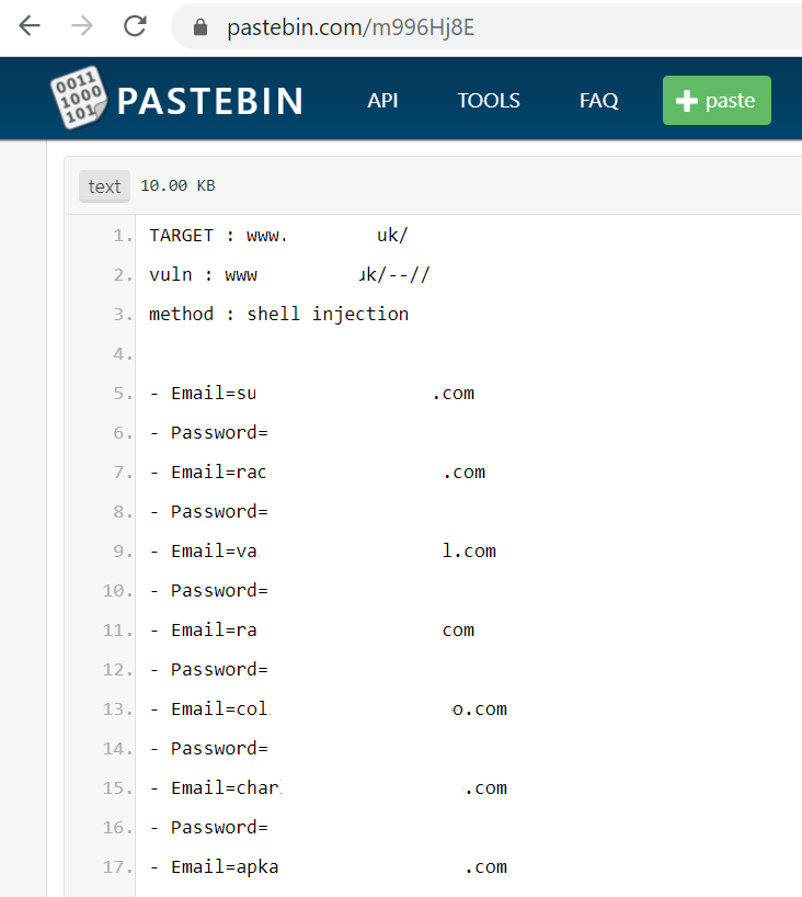 Pastebin output of plaintext username and passwords