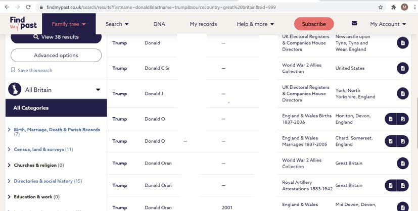 Results on Findmypast.co.uk on “Donald Trump” name search