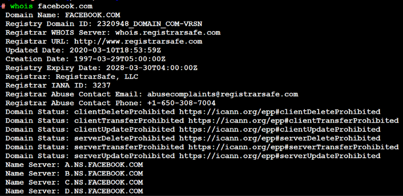 whois details on the facebook.com domain that includes Name Server details