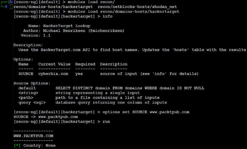 Loading the hackertarget module and setting the source