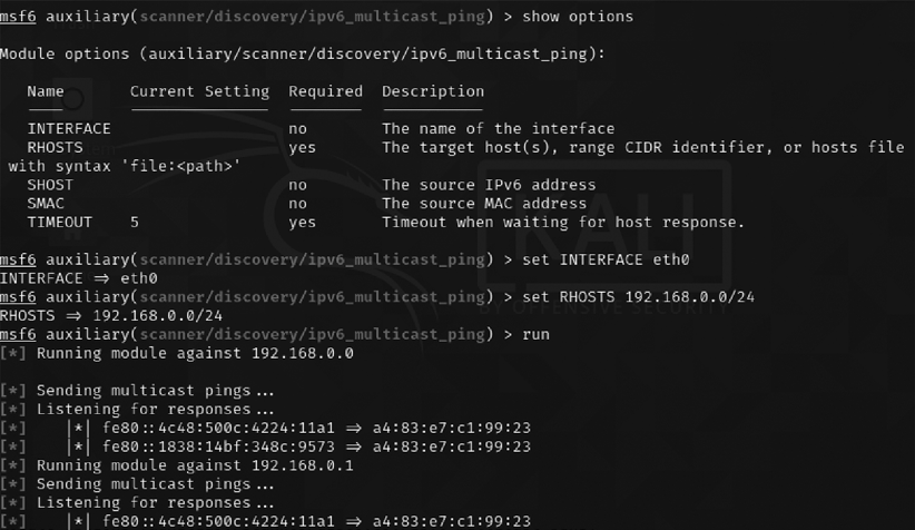 Discovery of IPv6 devices on the network using the Metasploit ipv6 scanner