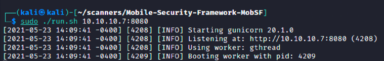 Running the MobSF framework on port 8080