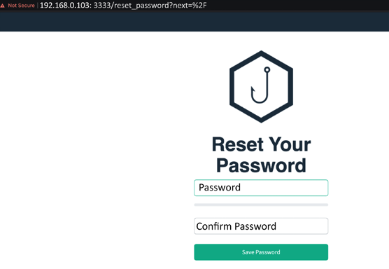 Forced password reset screen of Gophish after successful login for user admin