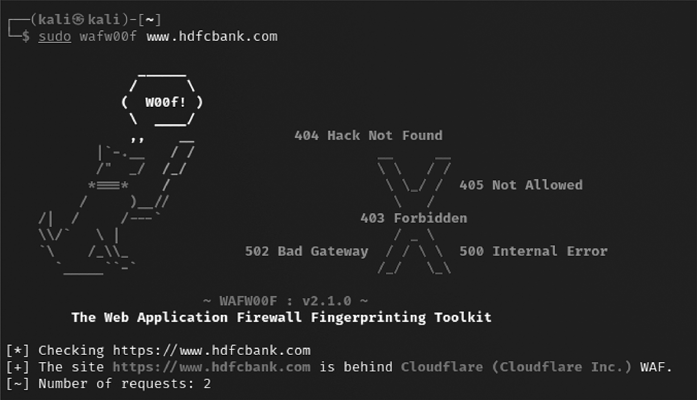 wafw00f tool identifying the Cloudflare WAF on the target website