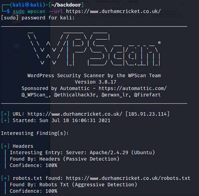 Fingerprinting WordPress and scanning using wpscan