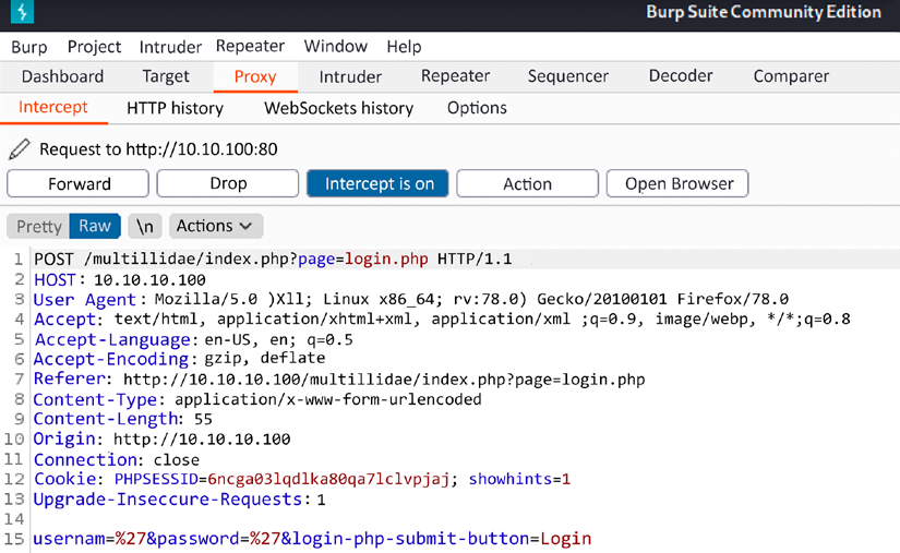 Intercepting the request sent to the server in Burp Proxy