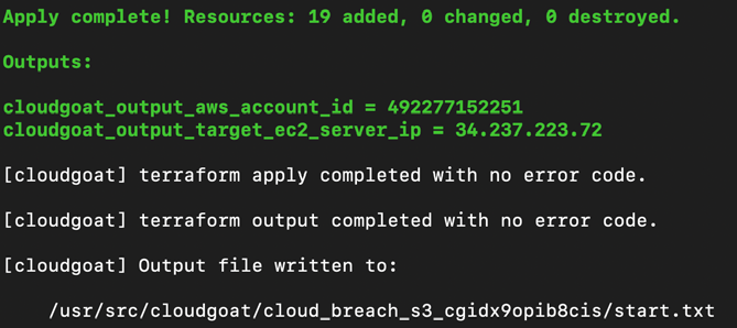 Successful creation of the cloud_breach_s3 AWS environment using CloudGoat