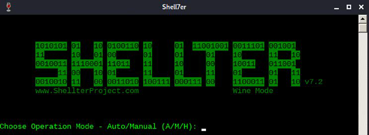 Shellter main menu from Kali Linux