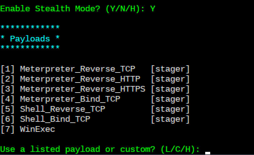 Selecting the payload options in Shellter
