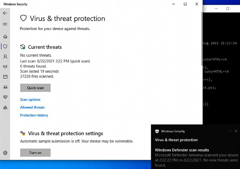 Microsoft Windows Defender confirmation that no new threats were found