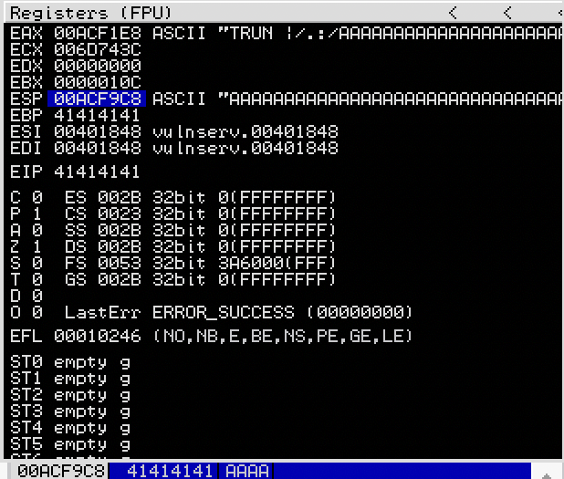 Registers after the vulnserver crash due to fuzzing
